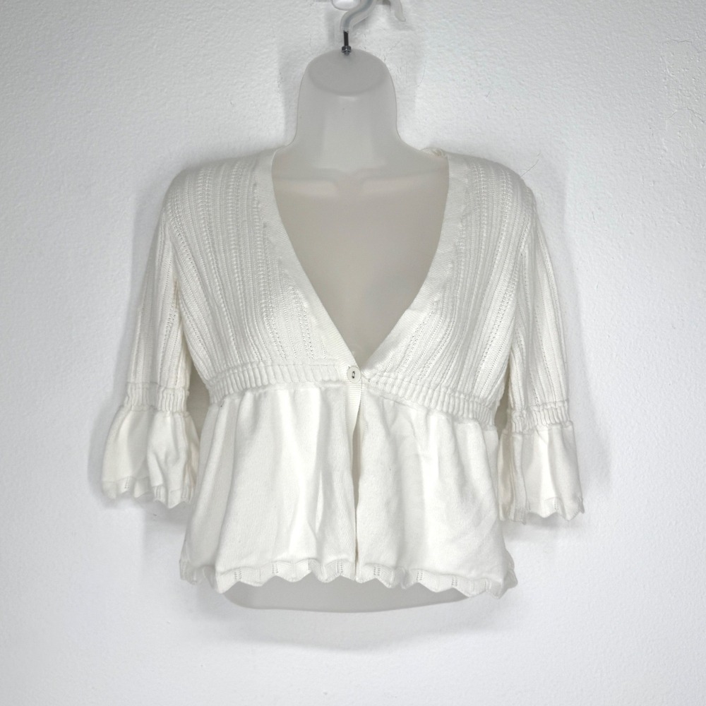 Candies Vintage Y2K White Ribbed Babydoll Cardigan Bell Sleeve Cropped Sweater S